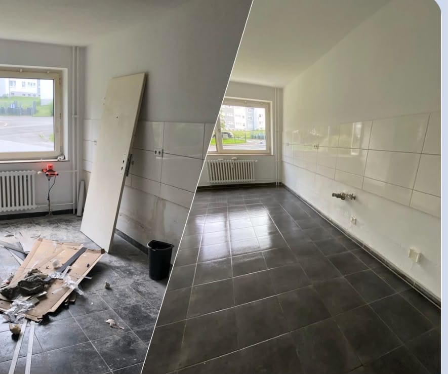 Vorher und nachher: Bauendreinigung eines Raums mit Fliesenboden