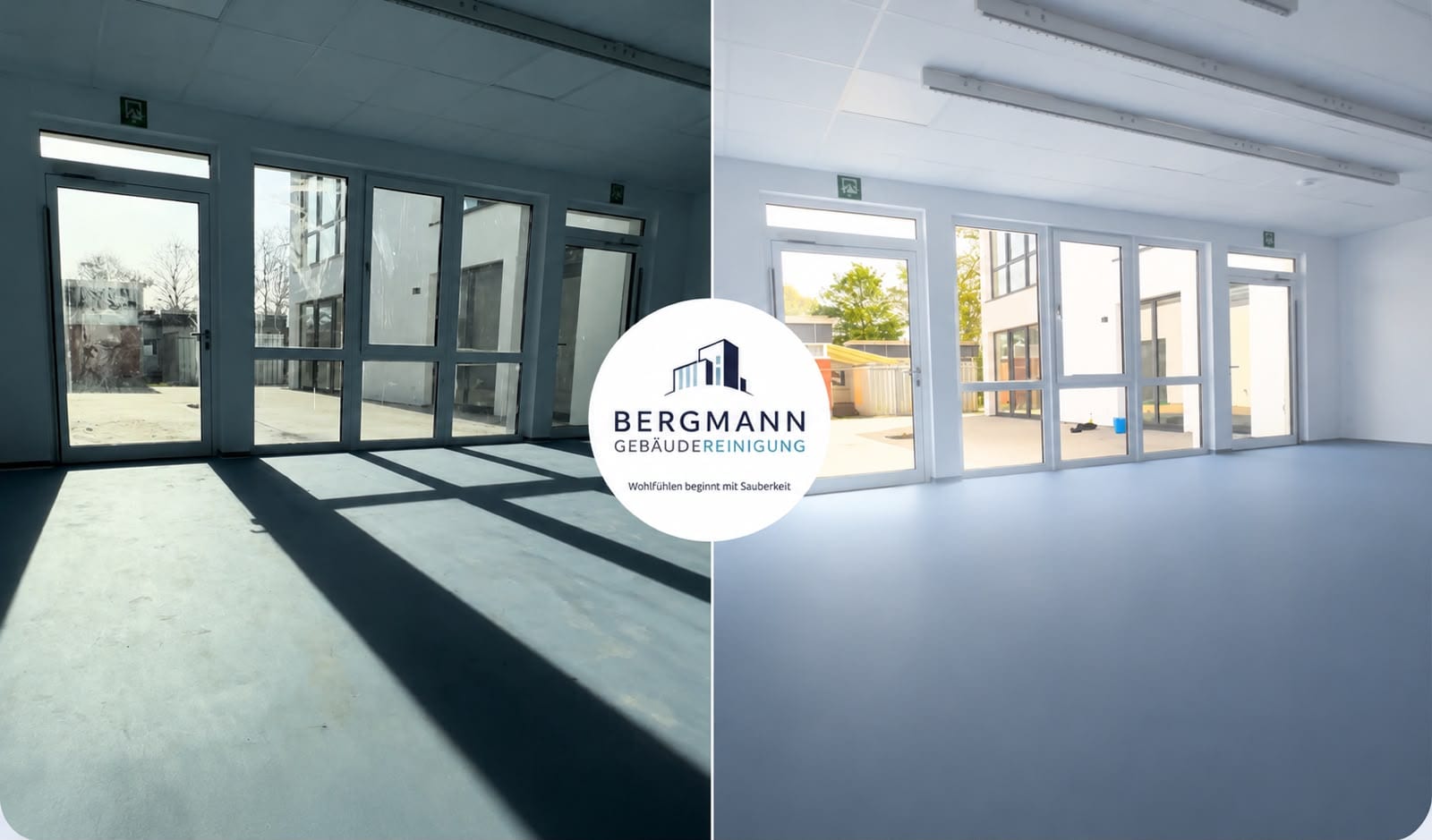 Vorher und nachher: gereinigte Gewerbehalle mit Glasfront und Boden