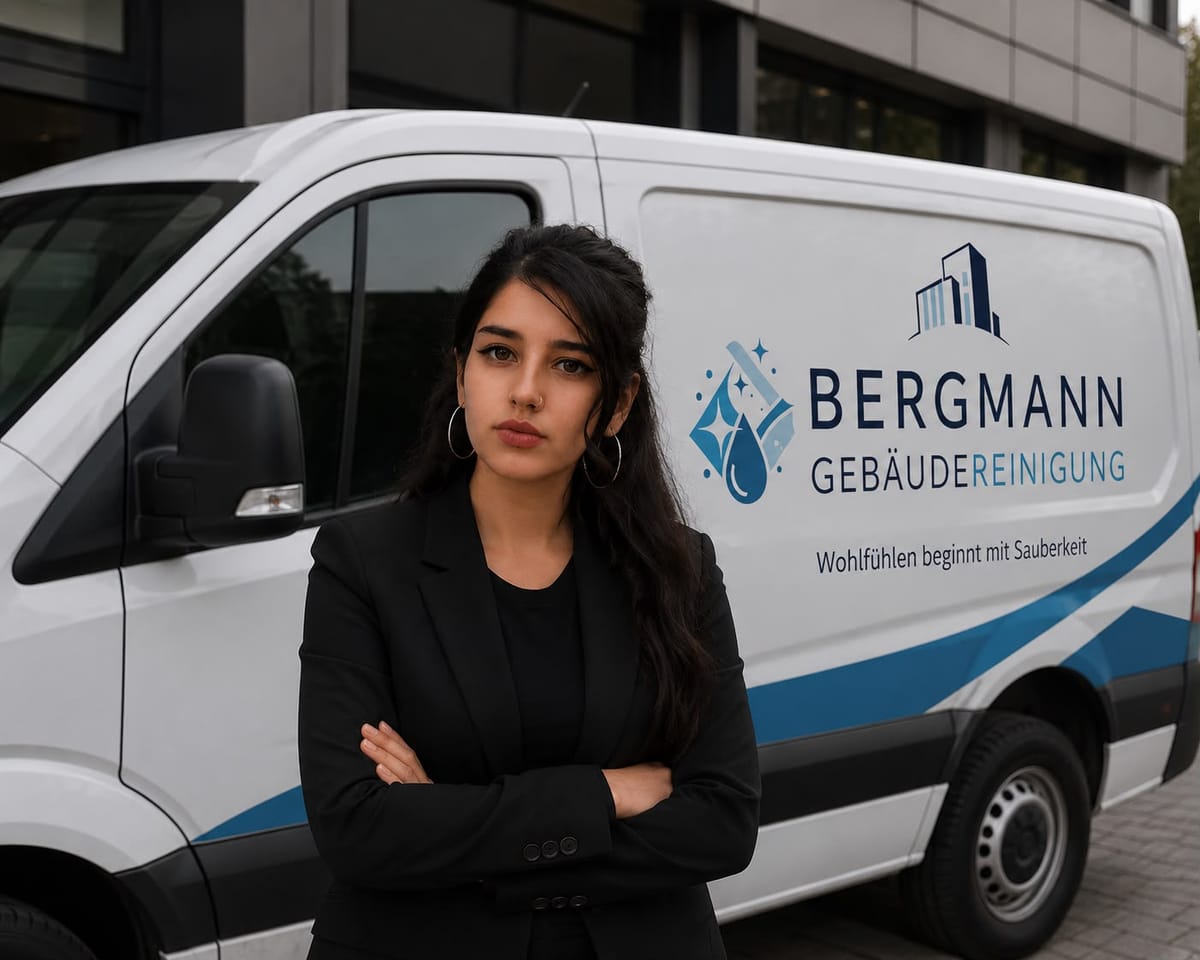 Gina Bergmann, Inhaberin von Gebäudereinigung Bergmann, vor dem Firmenwagen