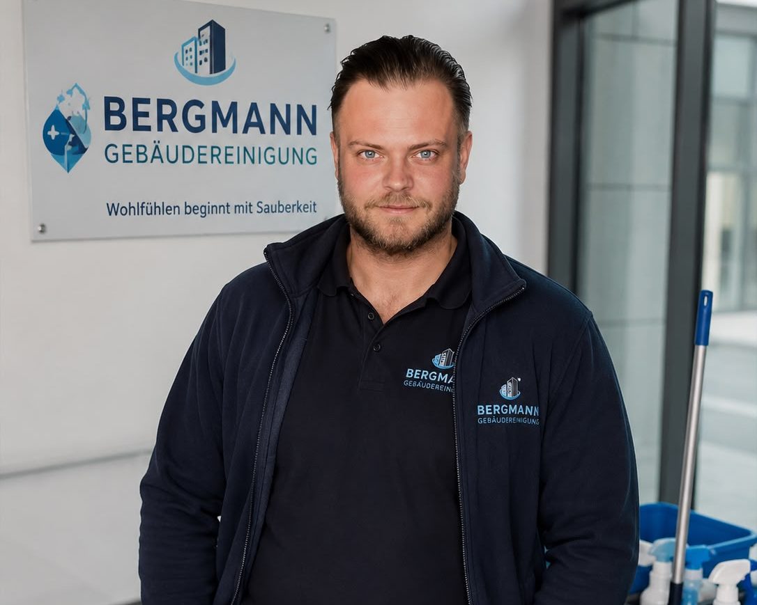 Marc Bauersachs, Objektreiniger bei Gebäudereinigung Bergmann, in Arbeitskleidung neben dem Reinigungswagen
