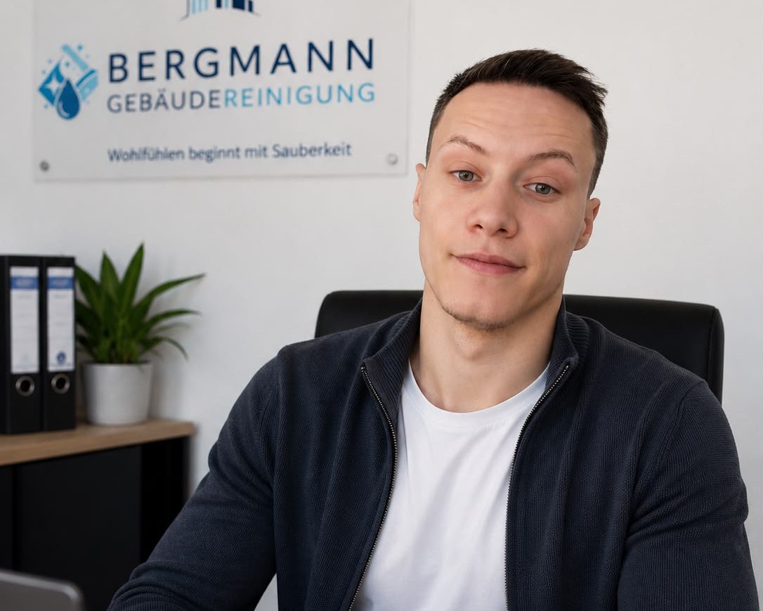 Sergiu Prodan, Büroleiter von Gebäudereinigung Bergmann, am Schreibtisch im Büro